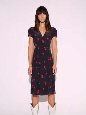 Realisation Par Navy Midi Dress with Red Cherry Print